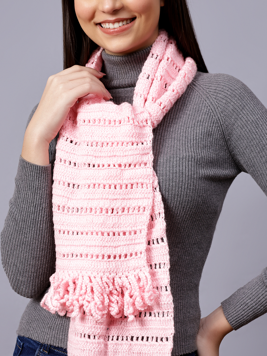 Velvery Pink Tasseled Hand Knitted Women Muffler