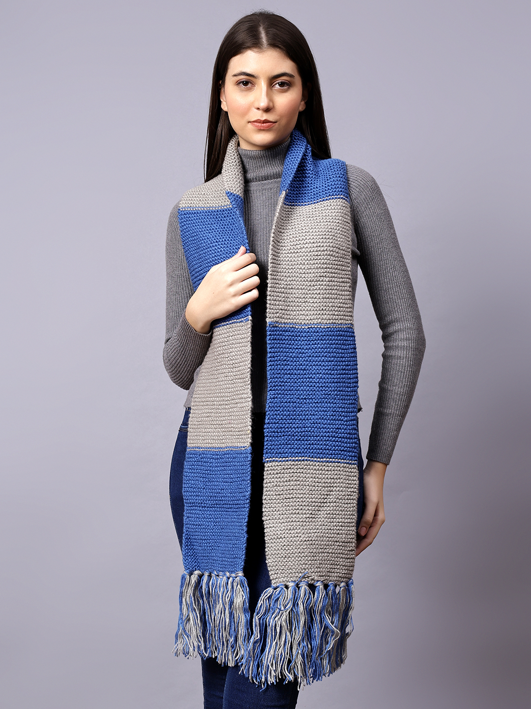 Velvery Blue & Grey Tasseled Hand Knitted Women Muffler
