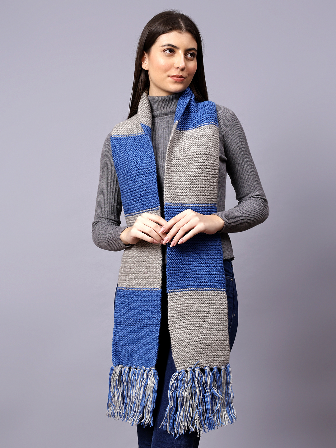 Velvery Blue & Grey Tasseled Hand Knitted Women Muffler