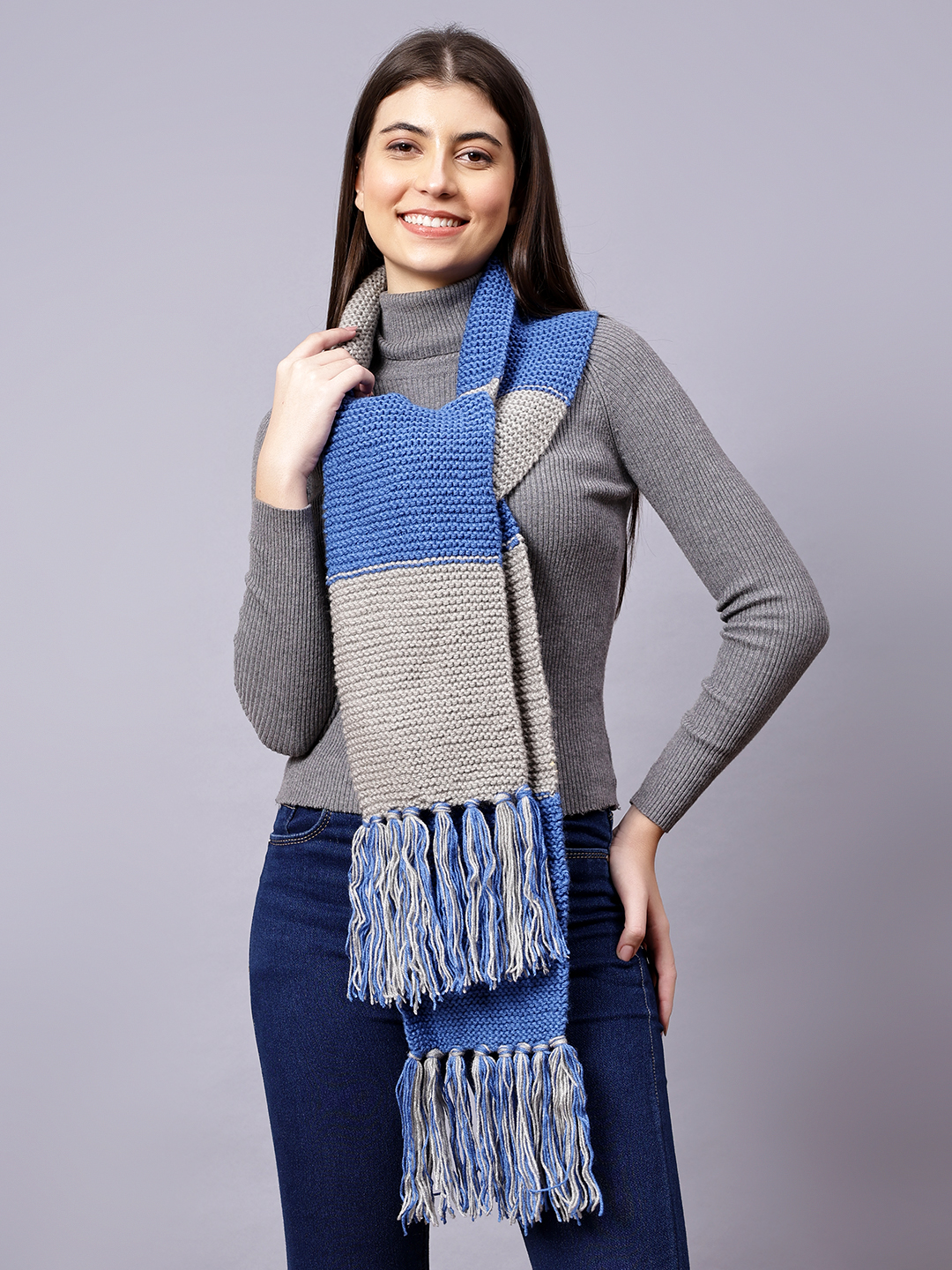 Velvery Blue & Grey Tasseled Hand Knitted Women Muffler