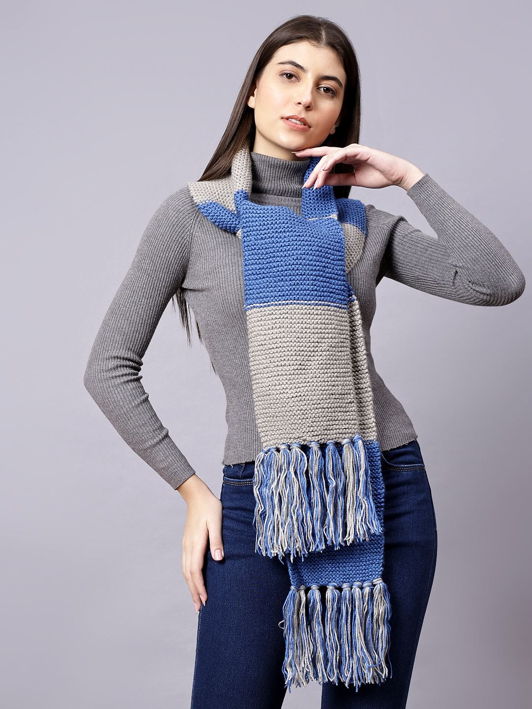 Velvery Blue & Grey Tasseled Hand Knitted Women Muffler