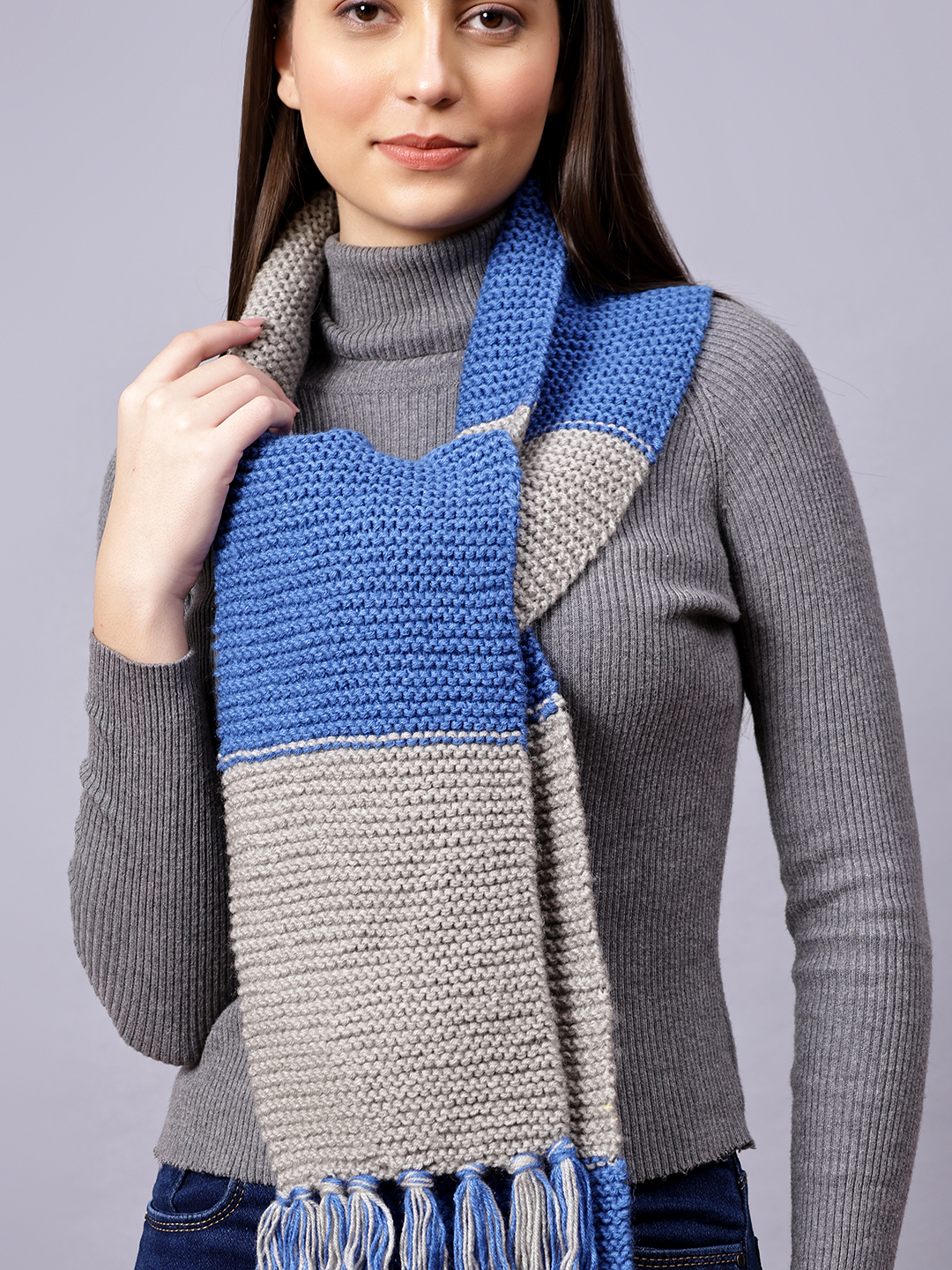 Velvery Blue & Grey Tasseled Hand Knitted Women Muffler