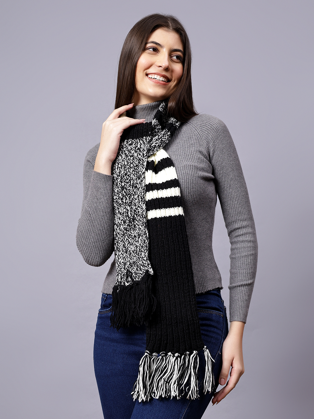 Velvery Black & White Striped Hand Knitted Women Muffler