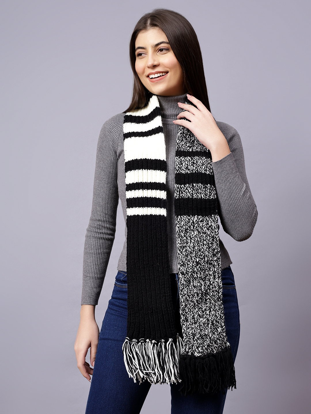 Velvery Black & White Striped Hand Knitted Women Muffler