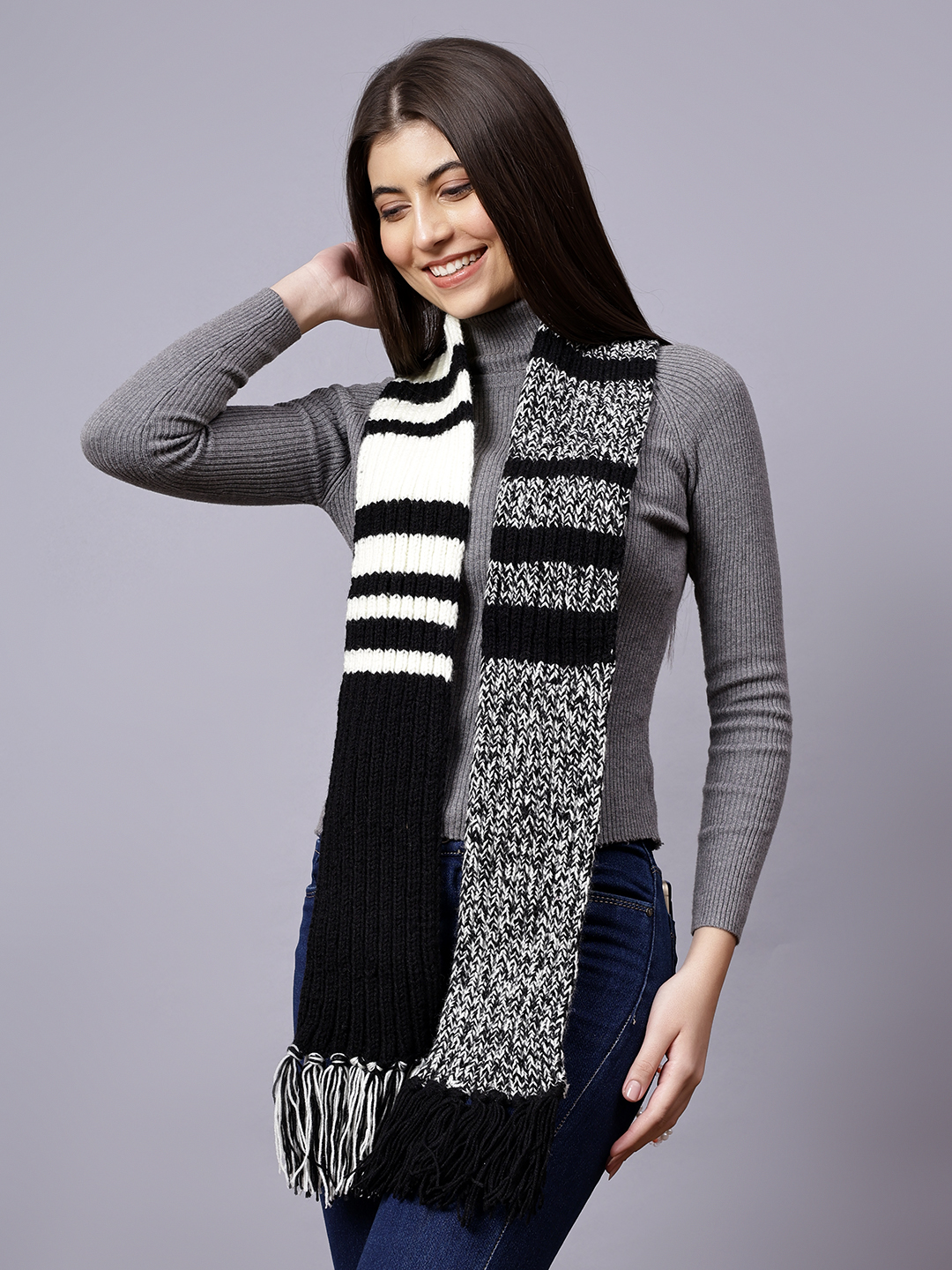 Velvery Black & White Striped Hand Knitted Women Muffler
