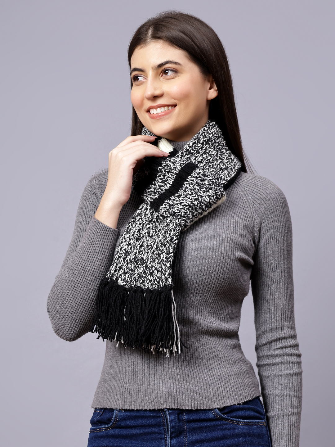 Velvery Black & White Striped Hand Knitted Women Muffler