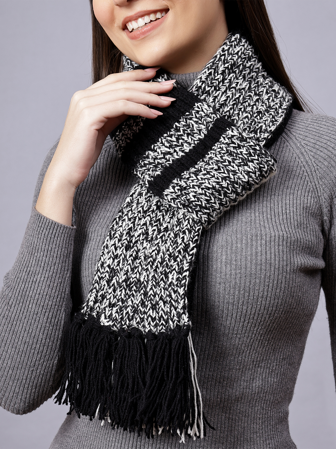 Velvery Black & White Striped Hand Knitted Women Muffler