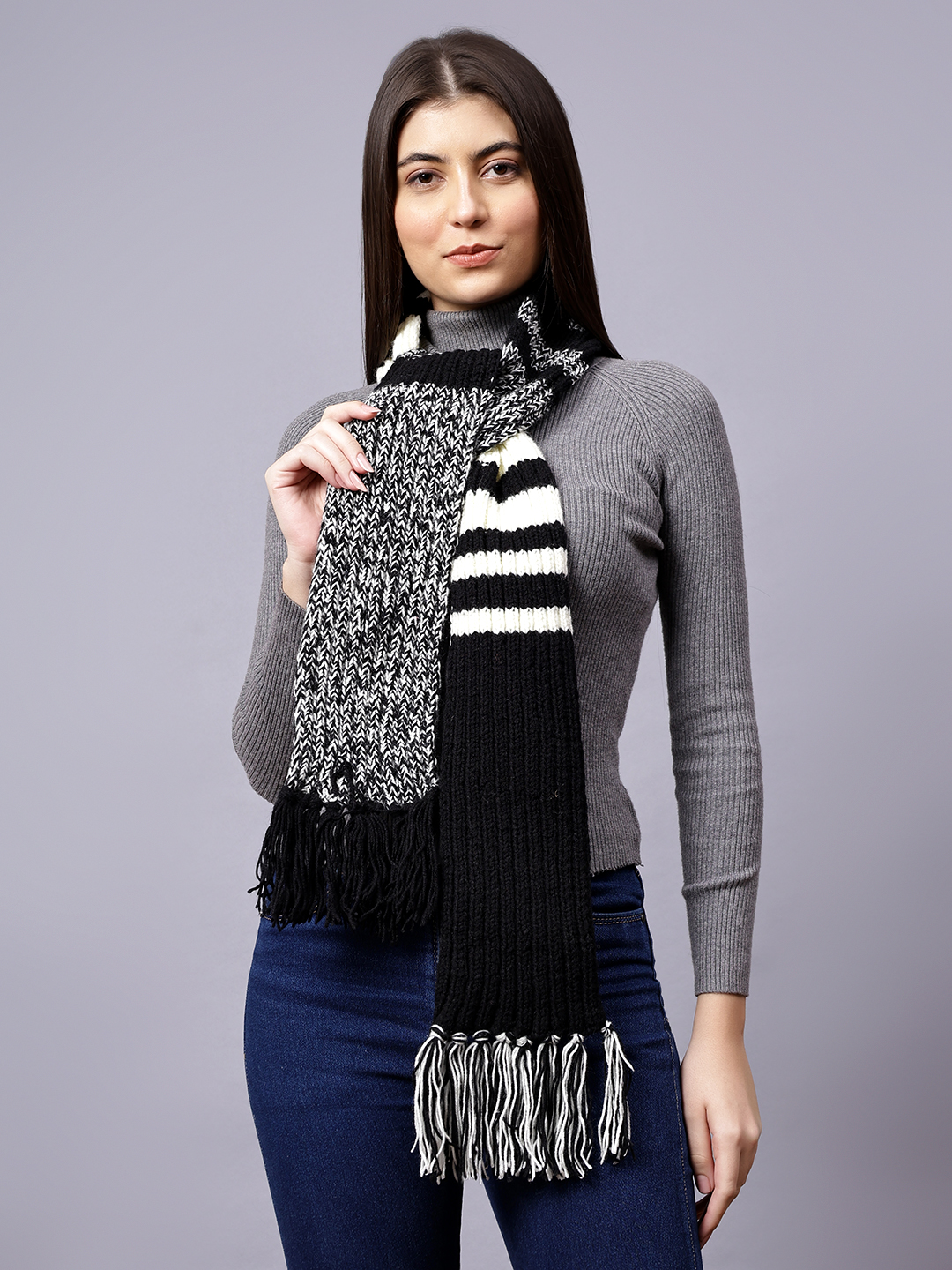 Velvery Black & White Striped Hand Knitted Women Muffler