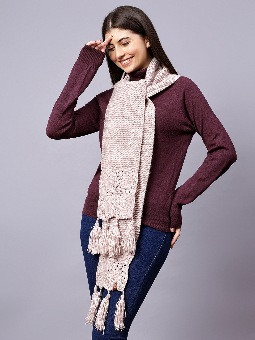Velvery Mauve Tasseled Hand Knitted Women Muffler