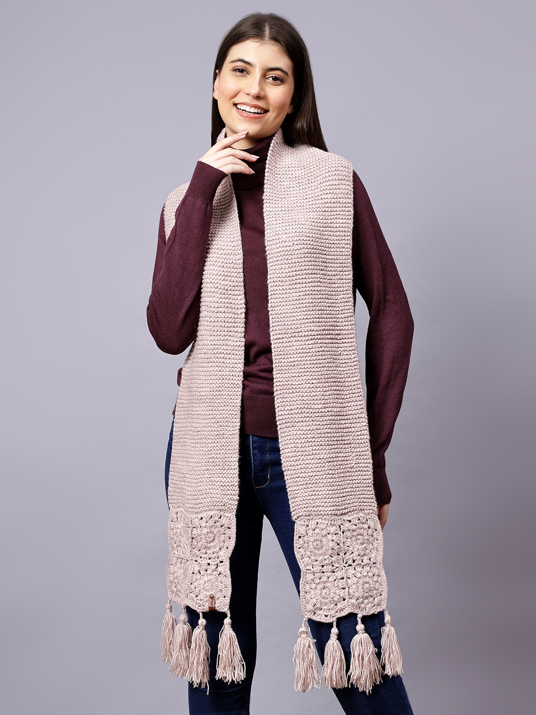 Velvery Mauve Tasseled Hand Knitted Women Muffler