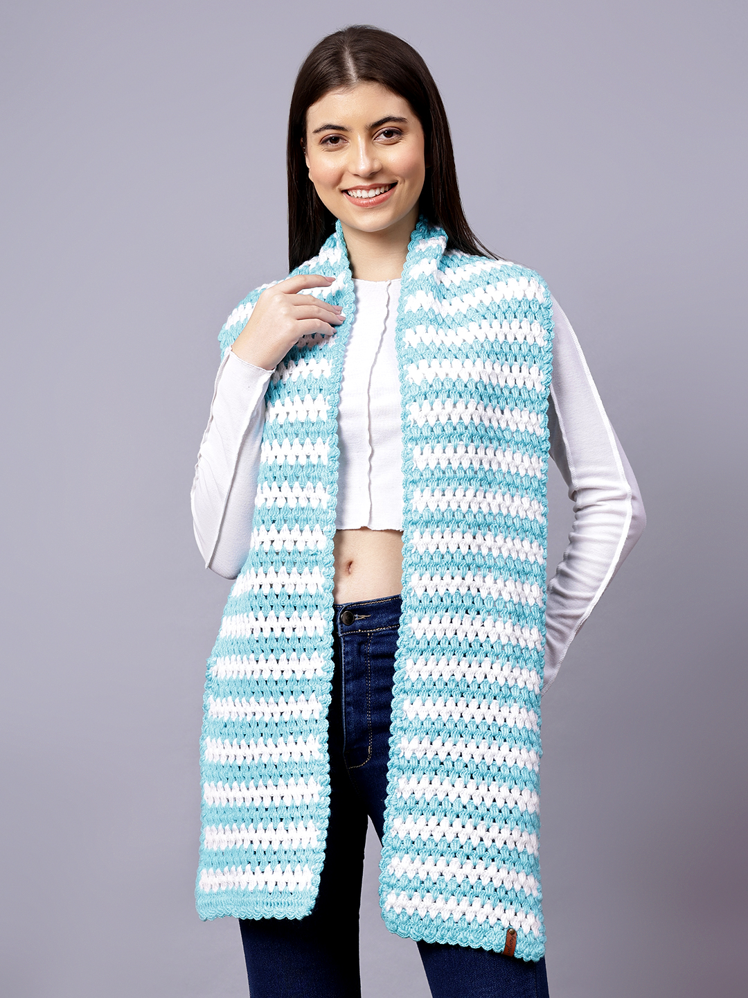Velvery Blue & White Crochet Hand Knitted Women Muffler