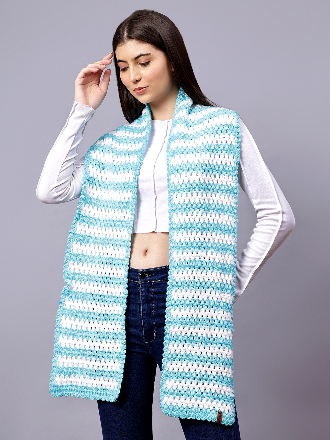 Velvery Blue & White Crochet Hand Knitted Women Muffler