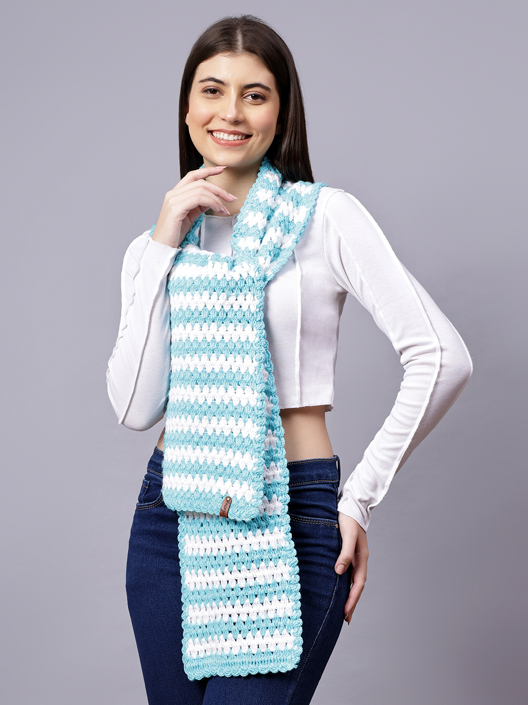 Velvery Blue & White Crochet Hand Knitted Women Muffler