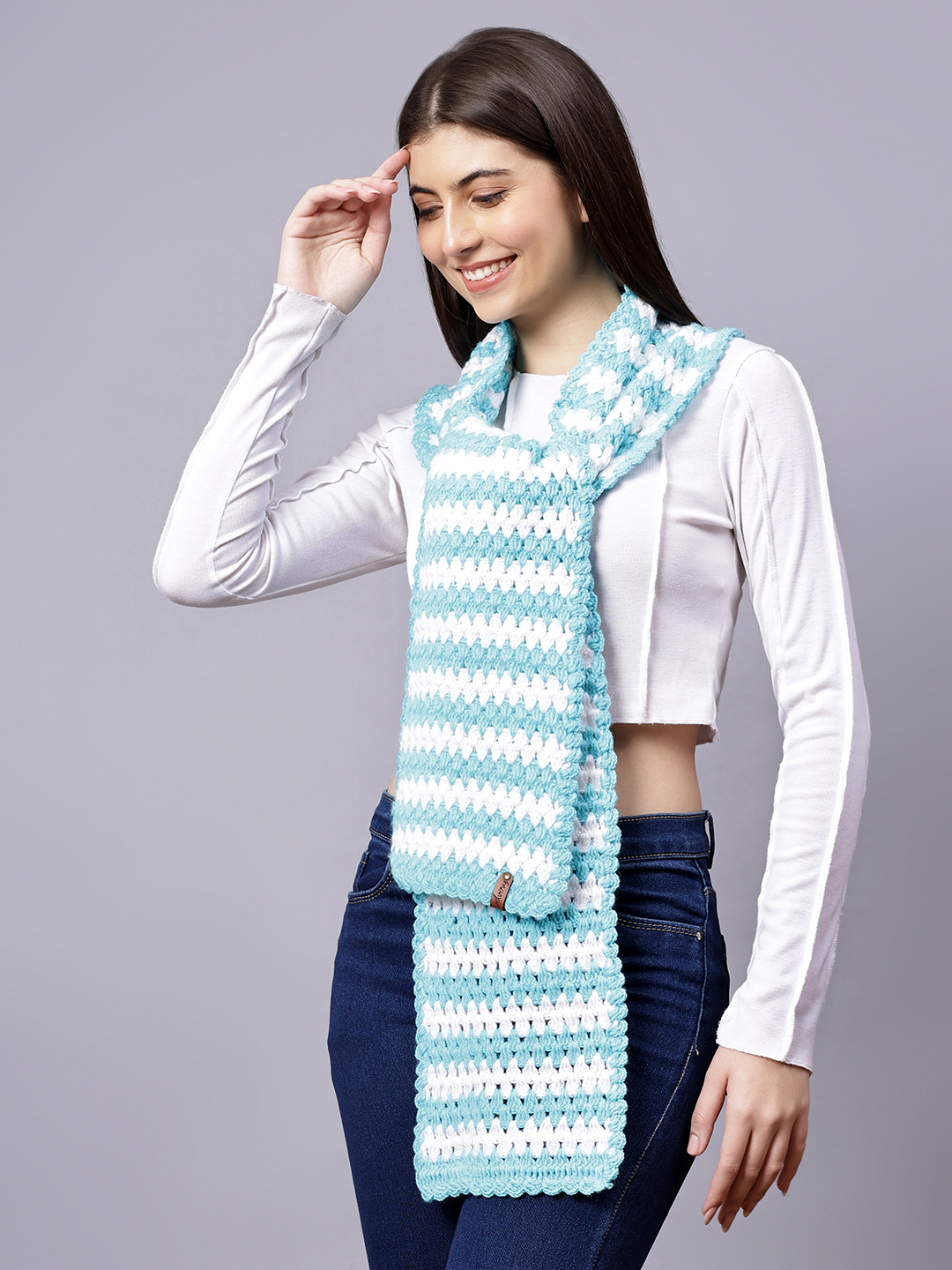 Velvery Blue & White Crochet Hand Knitted Women Muffler