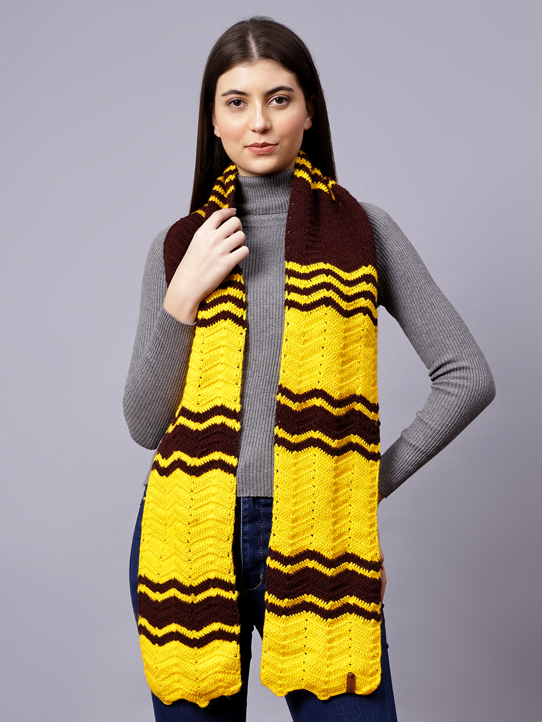 Velvery Yellow Brown Zig Zag Hand Knitted Women Muffler