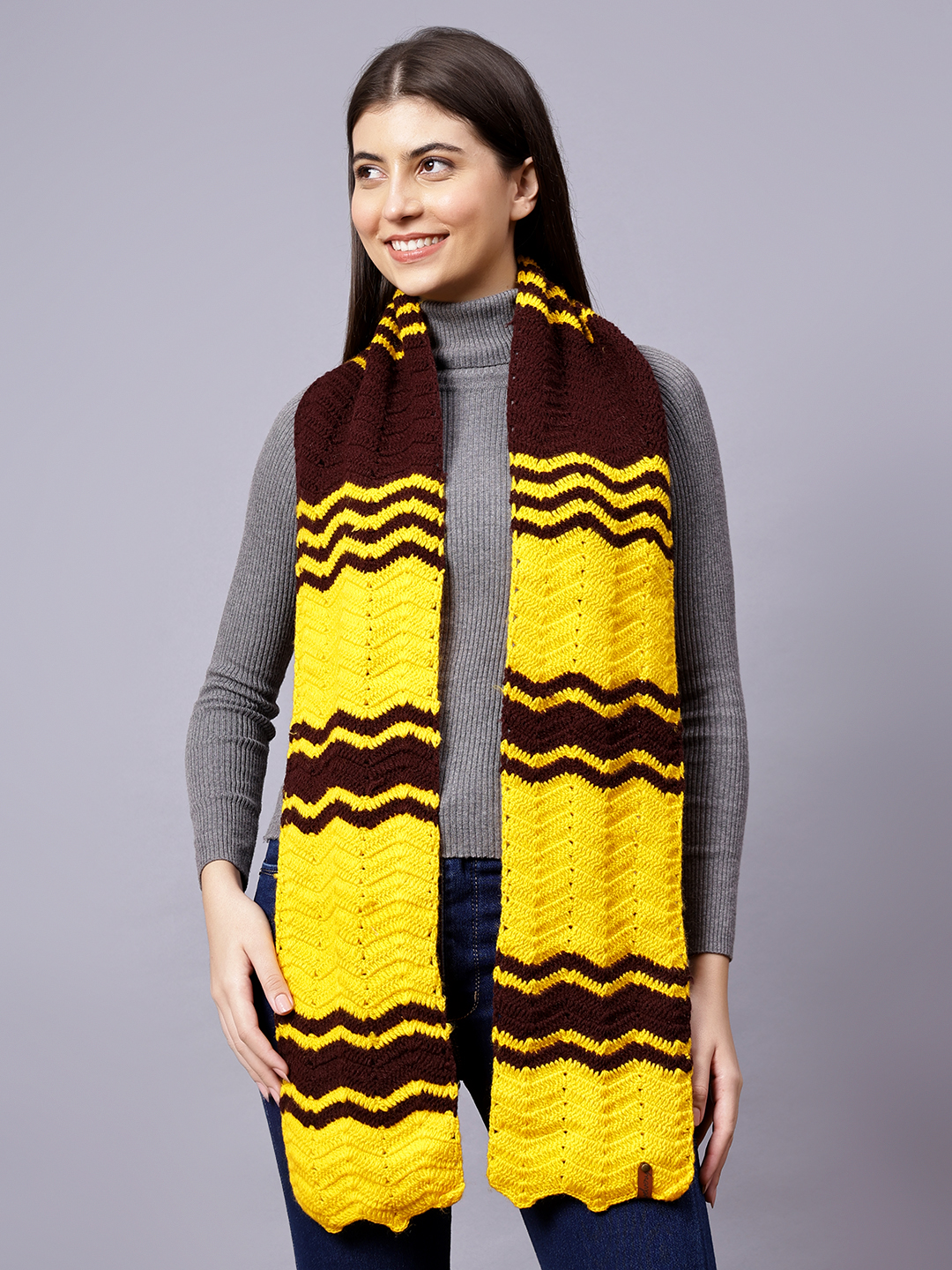 Velvery Yellow & Brown Zig Zag Hand Knitted Women Muffler