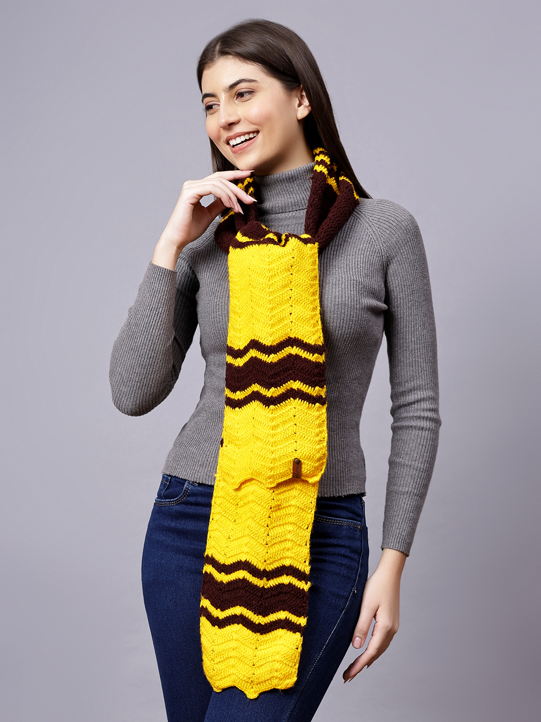 Velvery Yellow & Brown Zig Zag Hand Knitted Women Muffler