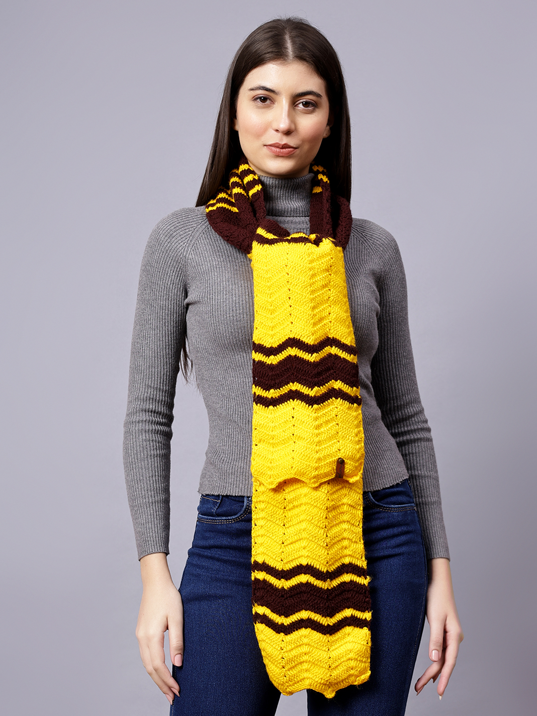 Velvery Yellow & Brown Zig Zag Hand Knitted Women Muffler