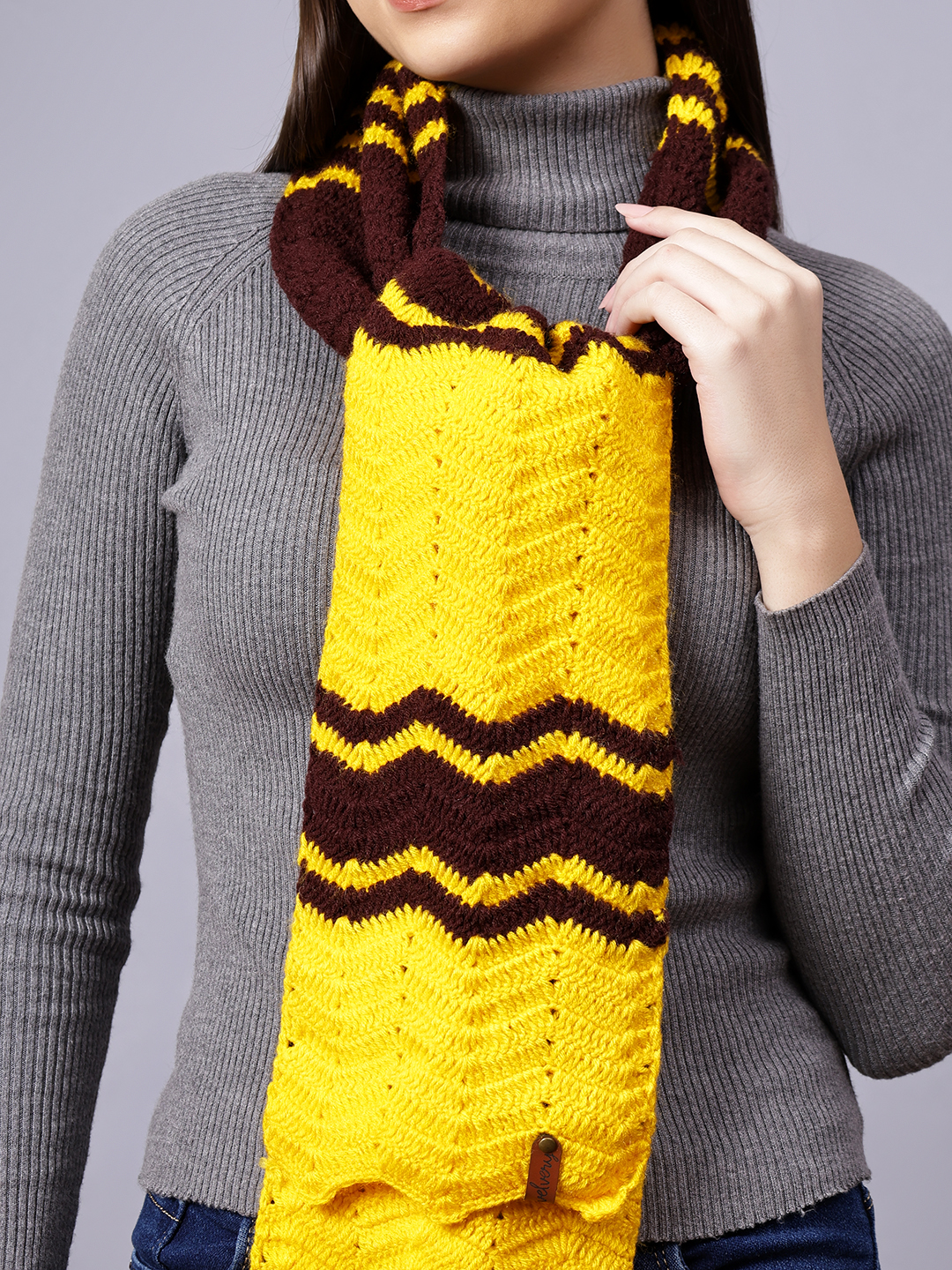 Velvery Yellow & Brown Zig Zag Hand Knitted Women Muffler