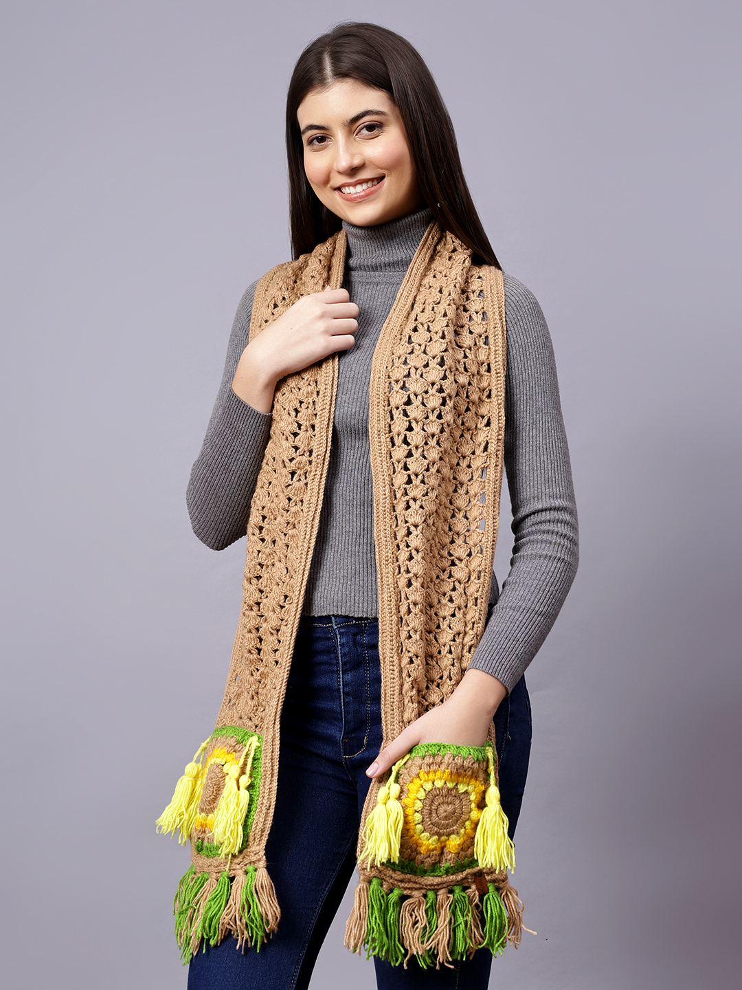 Velvery Brown & Multi Crochet Pocket Hand Knitted Women Muffler