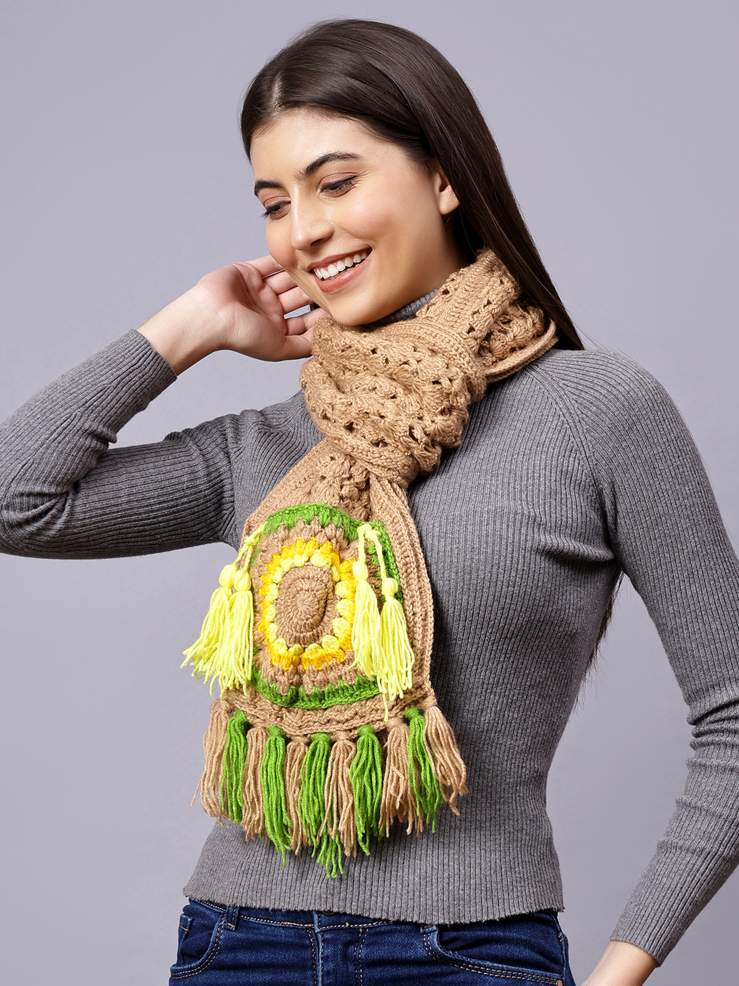 Velvery Brown & Multi Crochet Pocket Hand Knitted Women Muffler