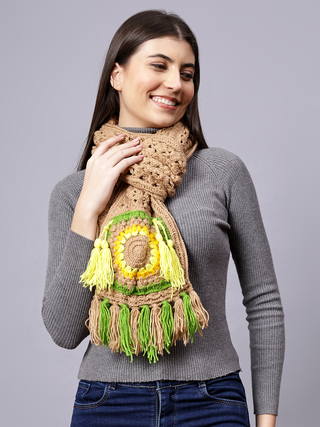 Velvery Brown & Multi Crochet Pocket Hand Knitted Women Muffler