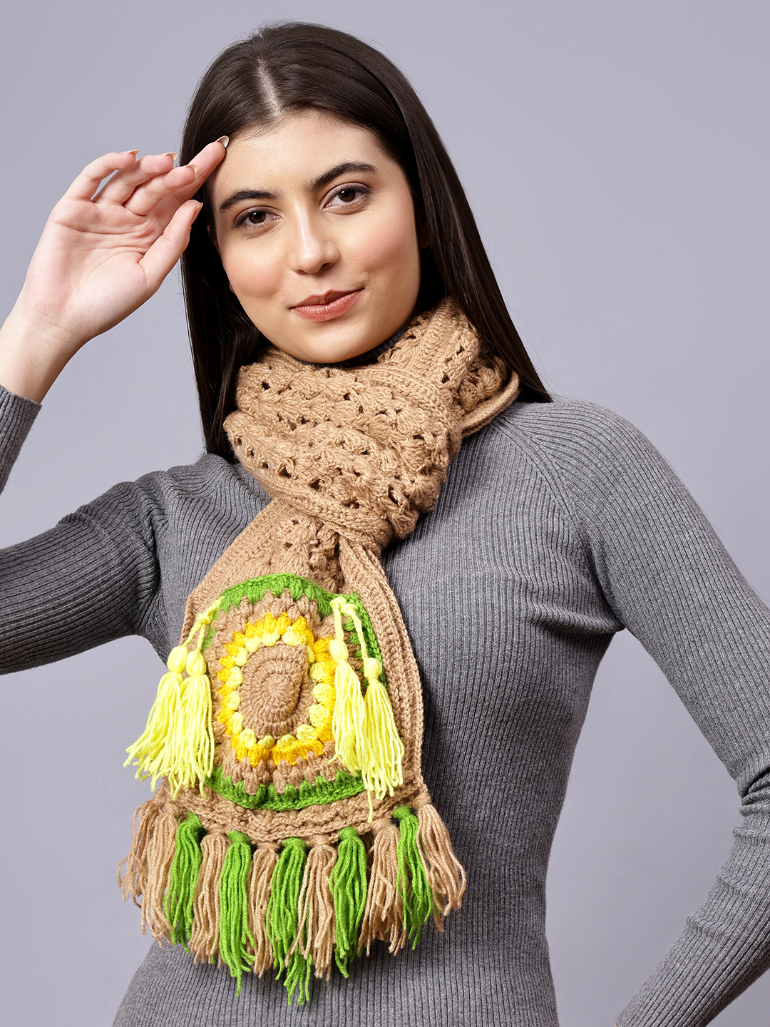 Velvery Brown & Multi Crochet Pocket Hand Knitted Women Muffler