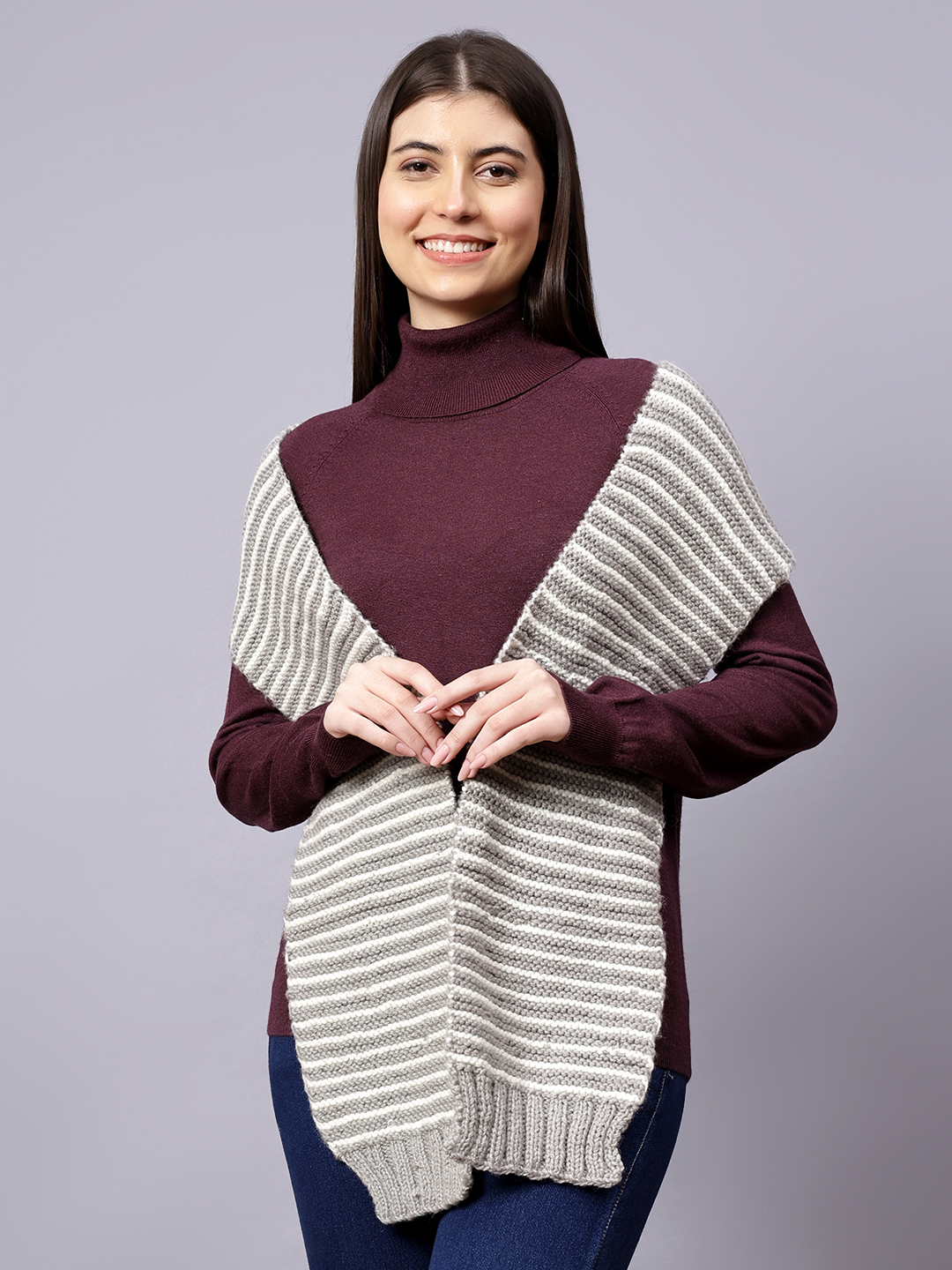 Velvery Grey & White Vintage Hand Knitted Women Muffler