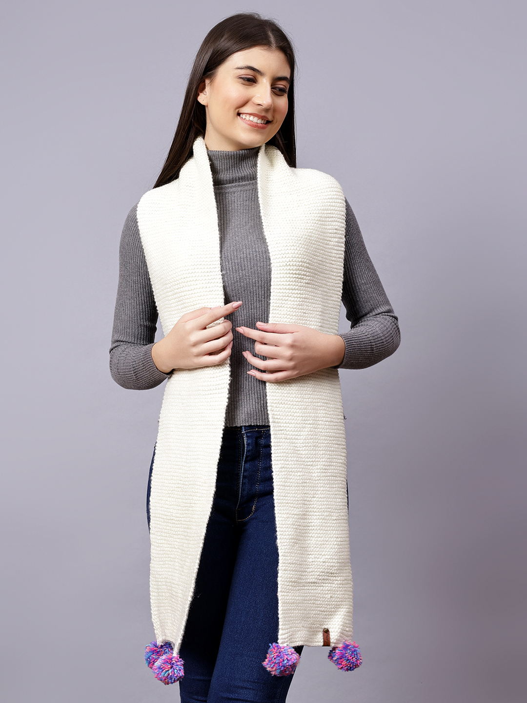 Velvery Cream Pom-Pom Hand Knitted Women Muffler
