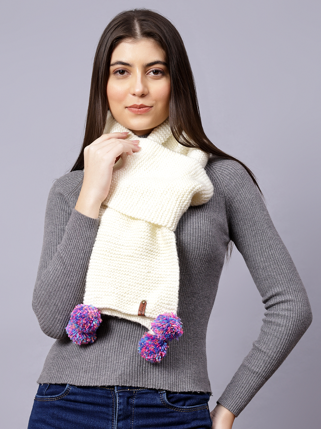 Velvery Cream Pom-Pom Hand Knitted Women Muffler