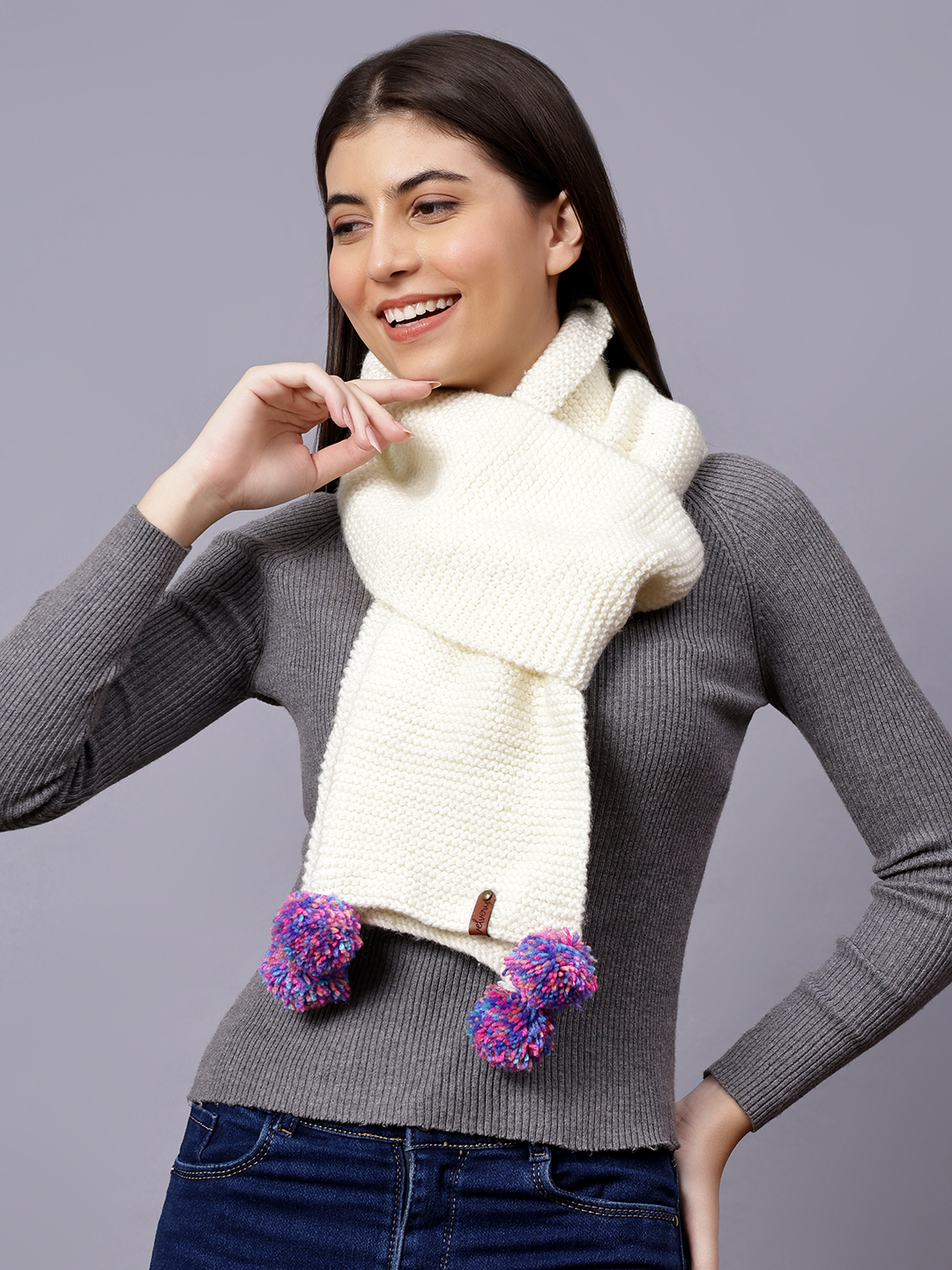 Velvery Cream Pom-Pom Hand Knitted Women Muffler