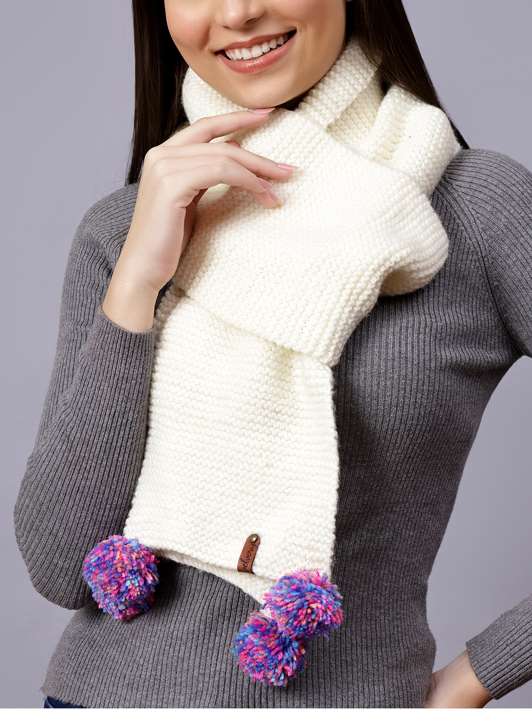 Velvery Cream Pom-Pom Hand Knitted Women Muffler