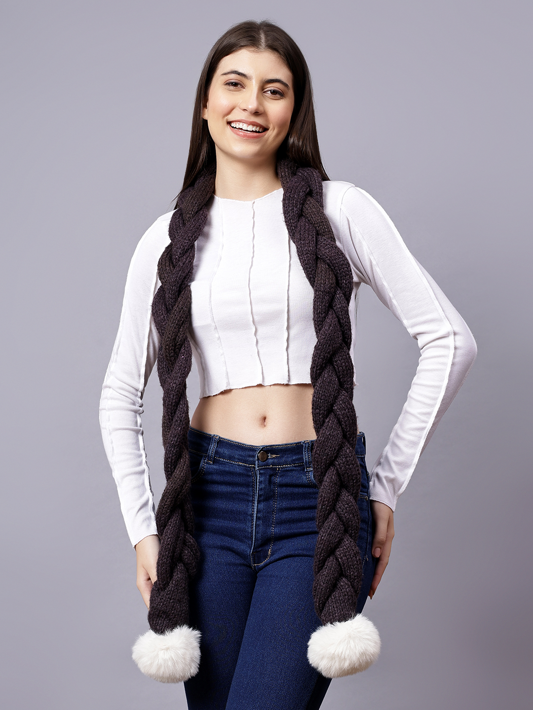 Velvery Brown Pom-Pom Hand Knitted Women Muffler