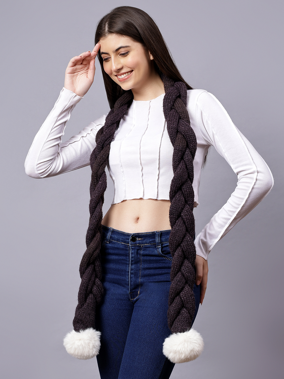 Velvery Brown Pom-Pom Hand Knitted Women Muffler