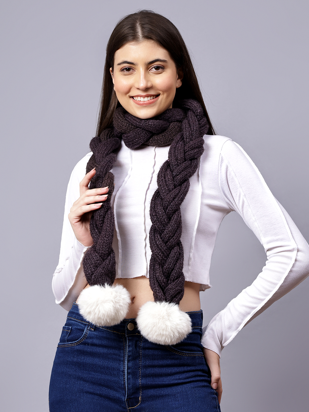 Velvery Brown Pom-Pom Hand Knitted Women Muffler
