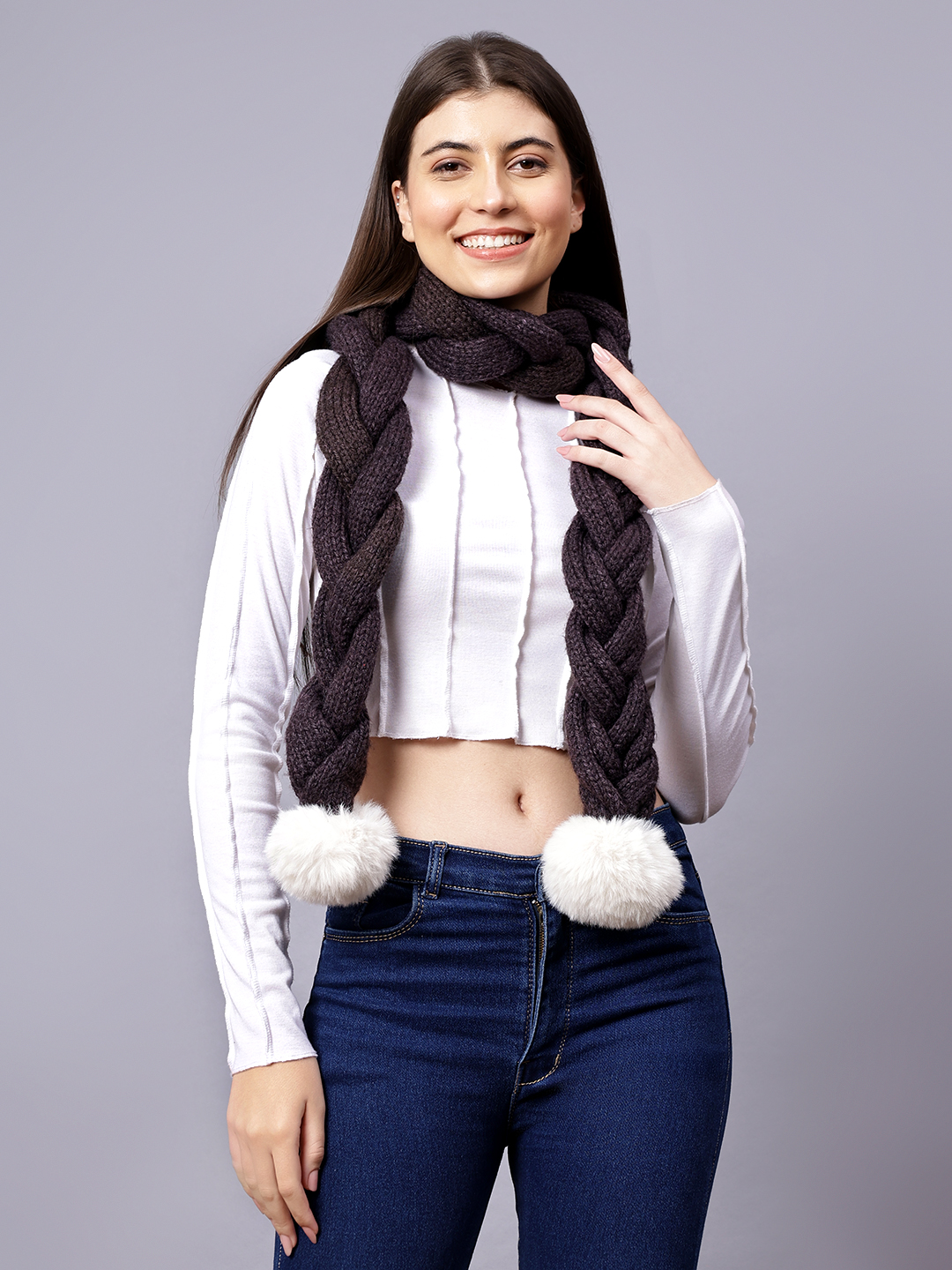 Velvery Brown Pom-Pom Hand Knitted Women Muffler