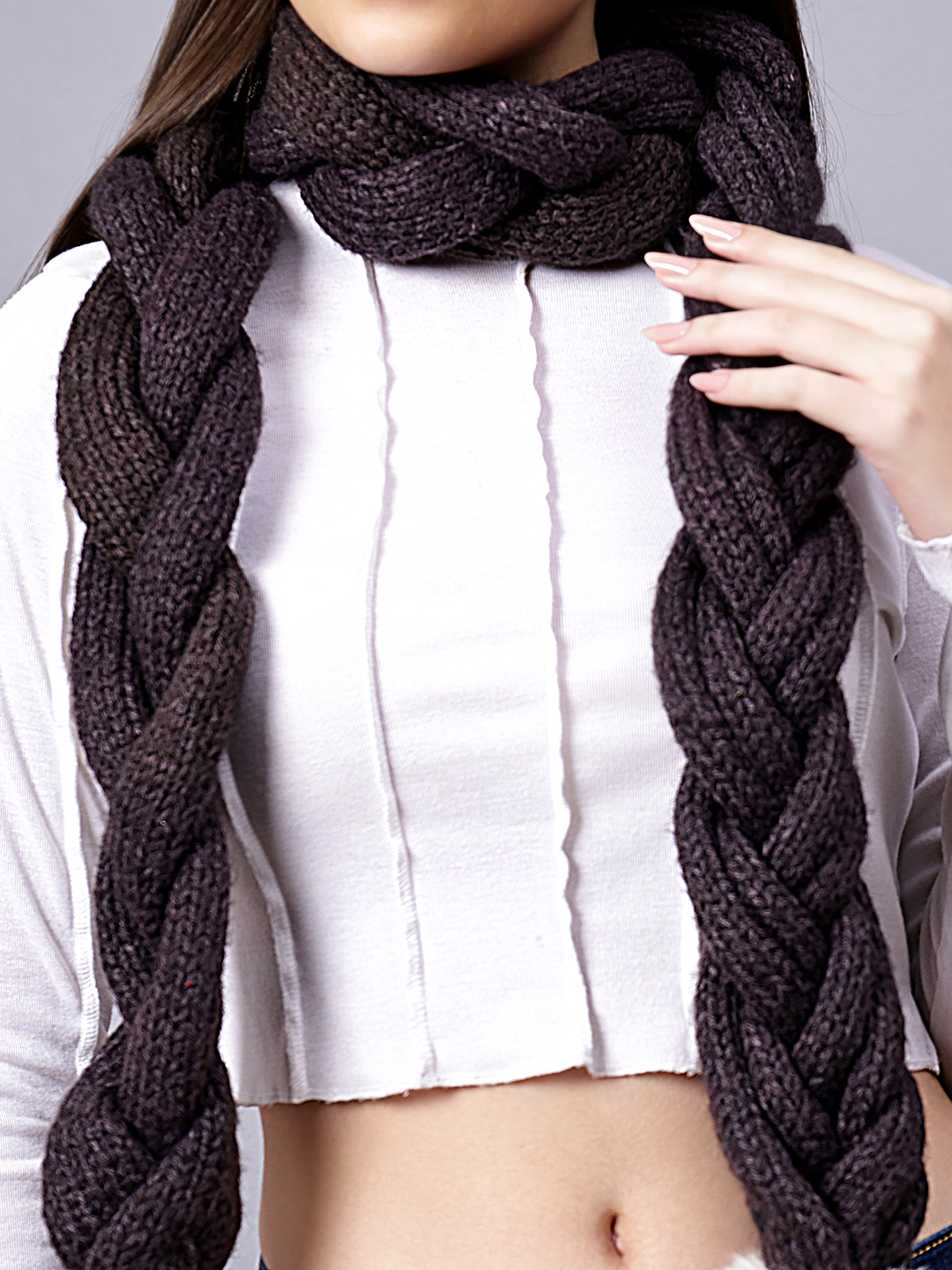 Velvery Brown Pom-Pom Hand Knitted Women Muffler