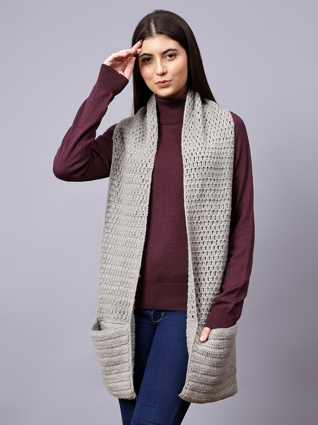 Velvery Grey Patch Pockets Hand Knitted Women Muffler