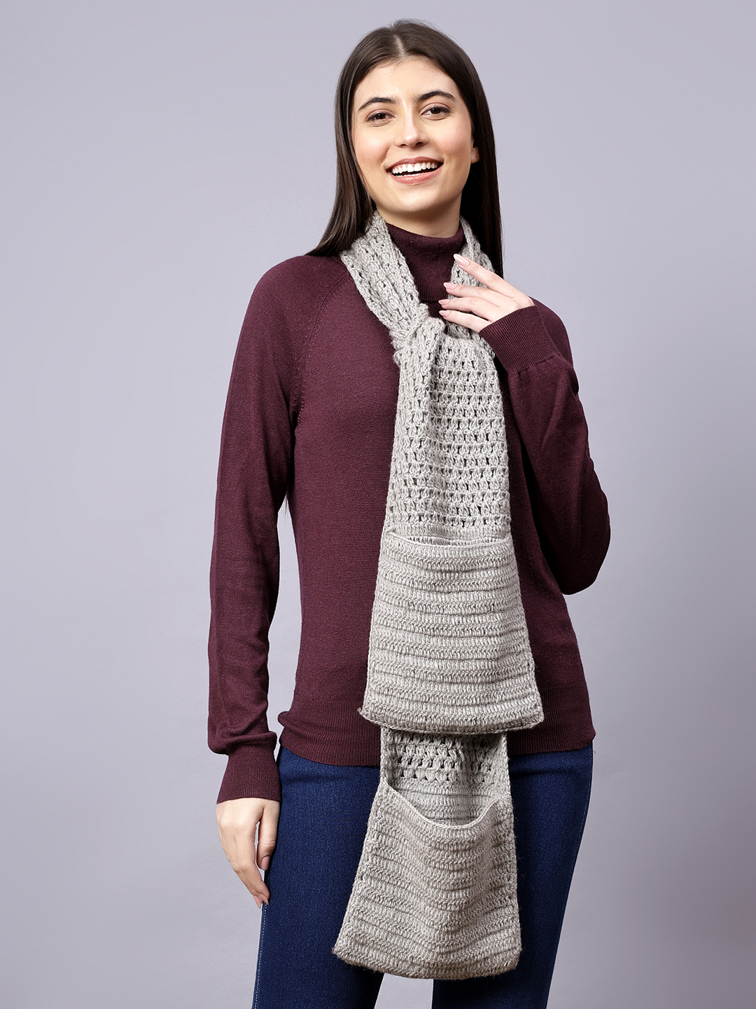 Velvery Grey Patch Pockets Hand Knitted Women Muffler