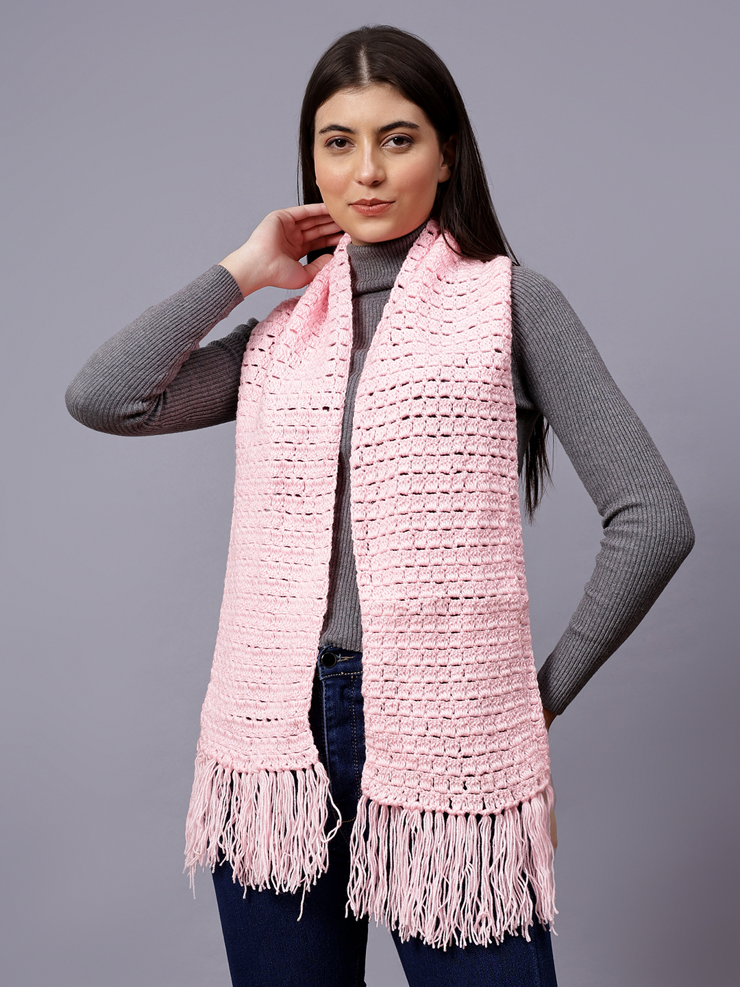 Velvery Pink Long Tassels Hand Knitted Women Muffler