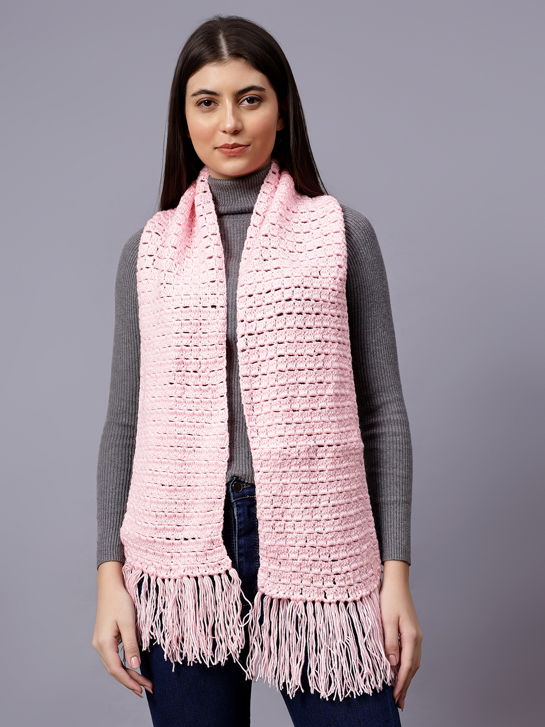 Velvery Pink Long Tassels Hand Knitted Women Muffler