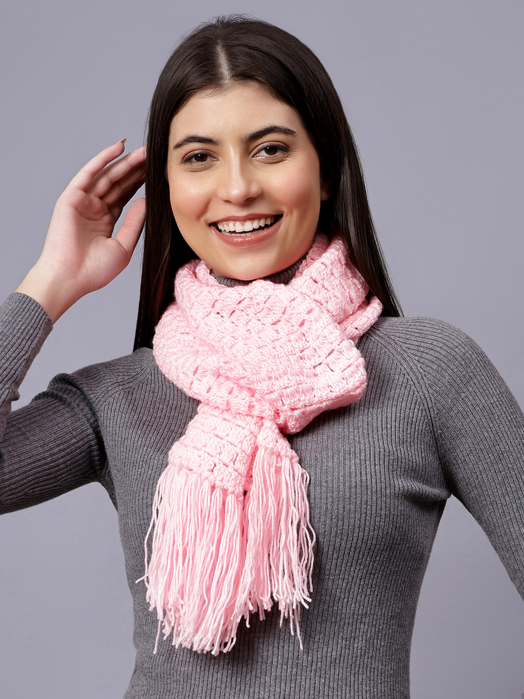 Velvery Pink Long Tassels Hand Knitted Women Muffler