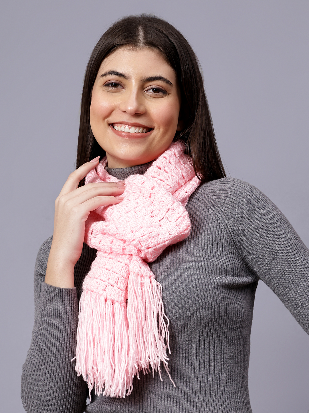 Velvery Pink Long Tassels Hand Knitted Women Muffler