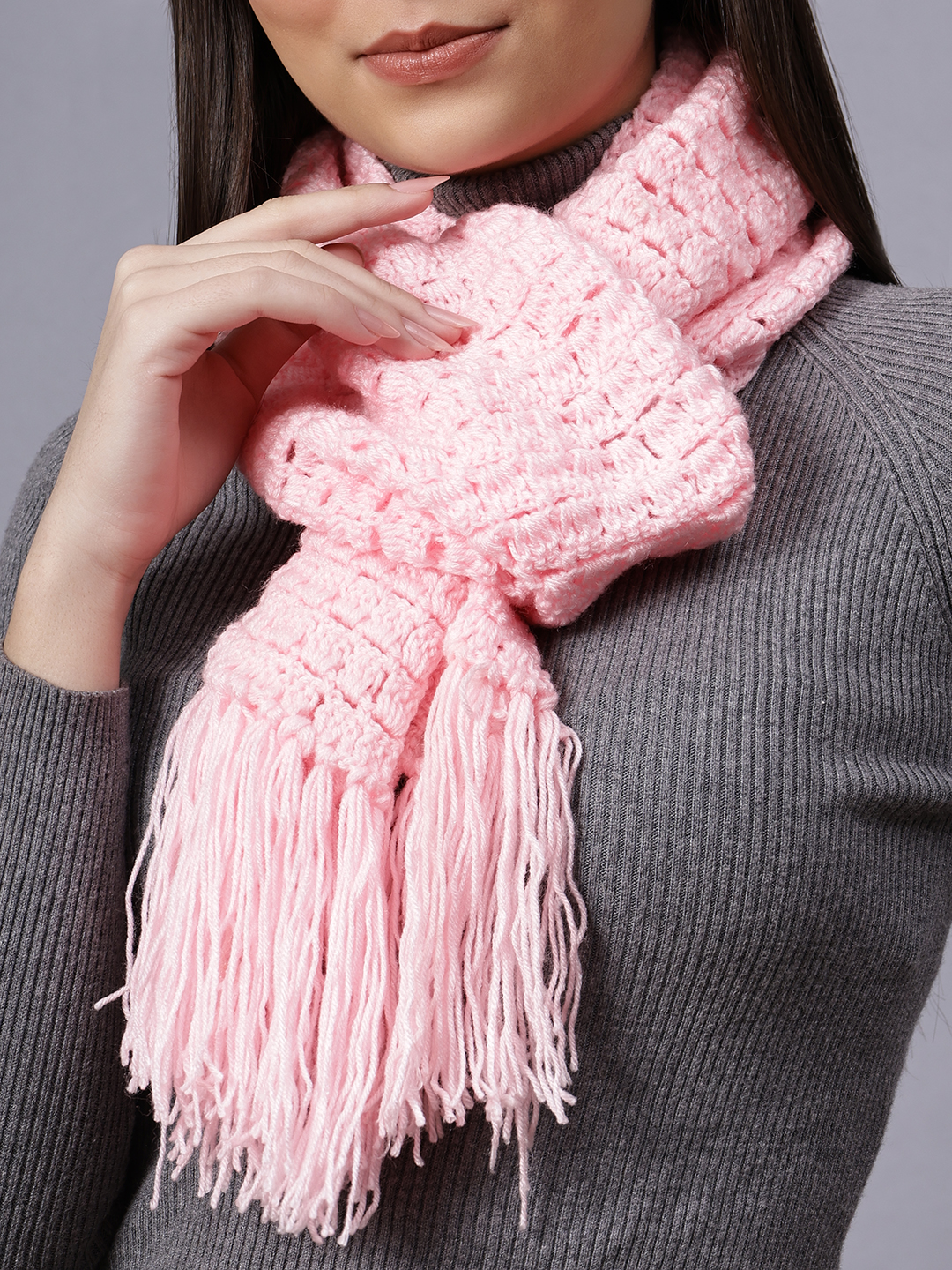 Velvery Pink Long Tassels Hand Knitted Women Muffler