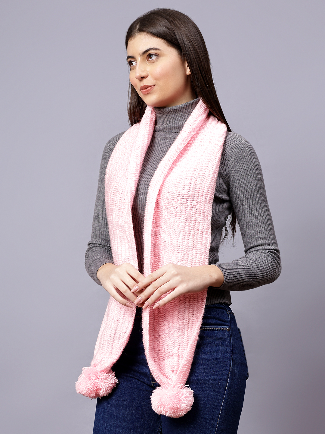 Velvery Pink Pom-Pom Hand Knitted Women Muffler