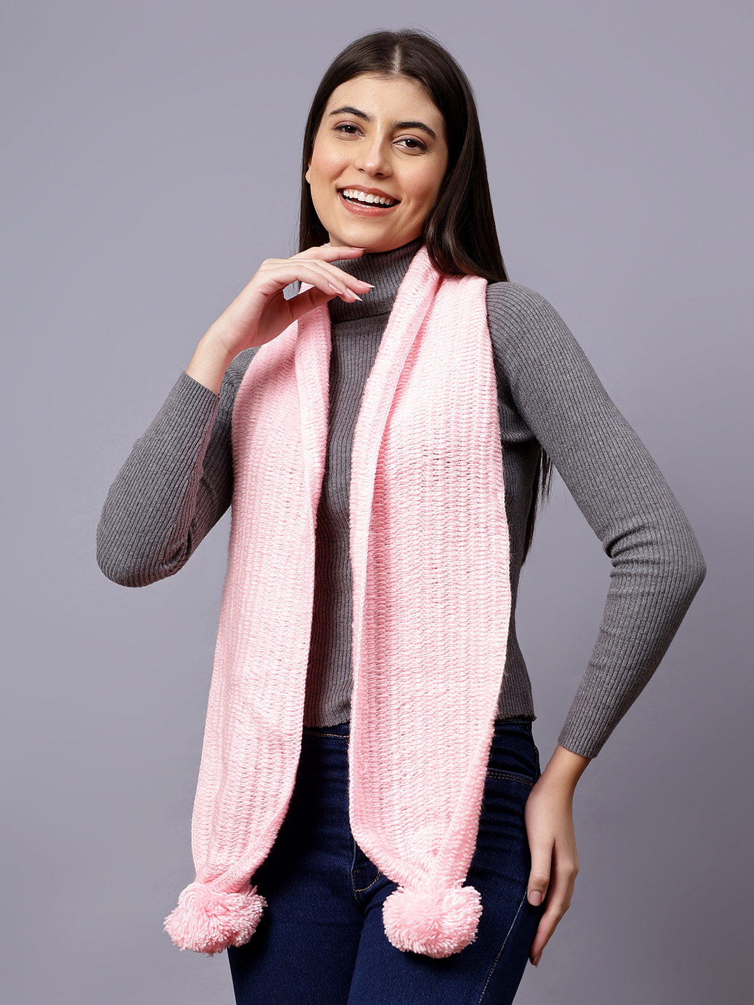 Velvery Pink Pom-Pom Hand Knitted Women Muffler