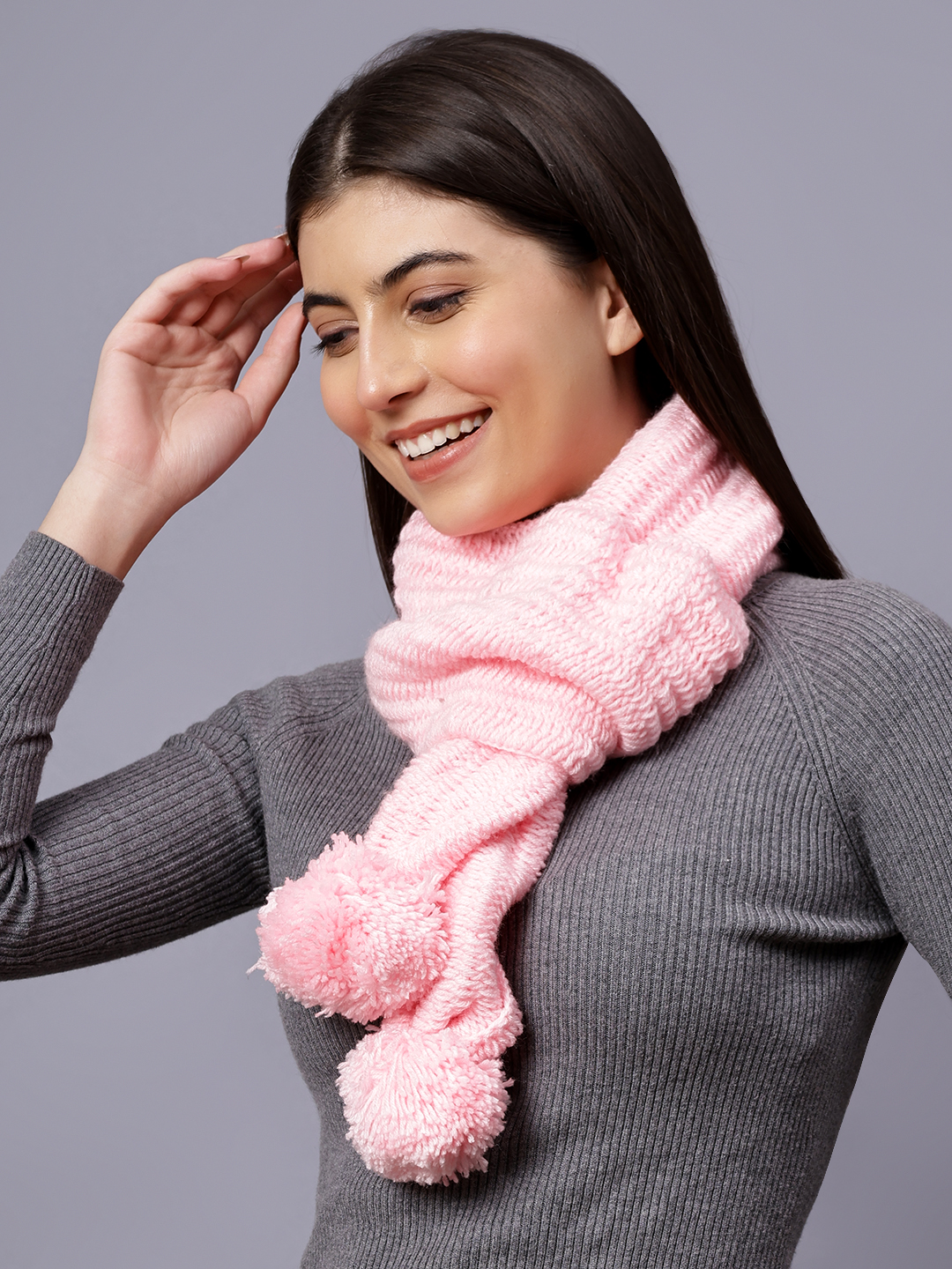 Velvery Pink Pom-Pom Hand Knitted Women Muffler