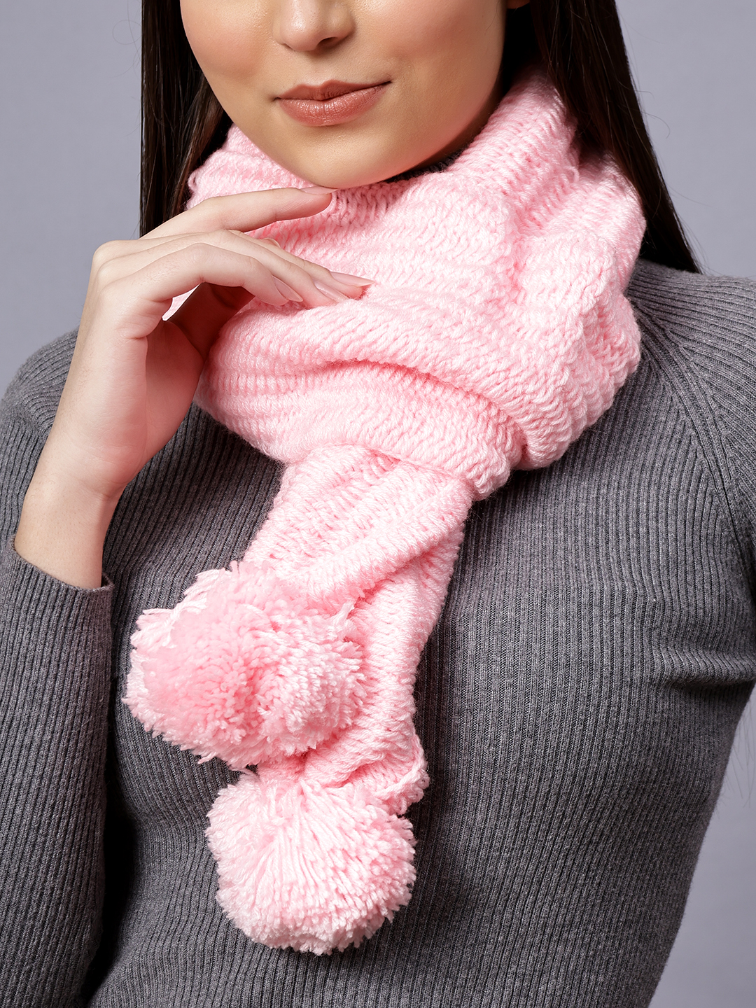 Velvery Pink Pom-Pom Hand Knitted Women Muffler