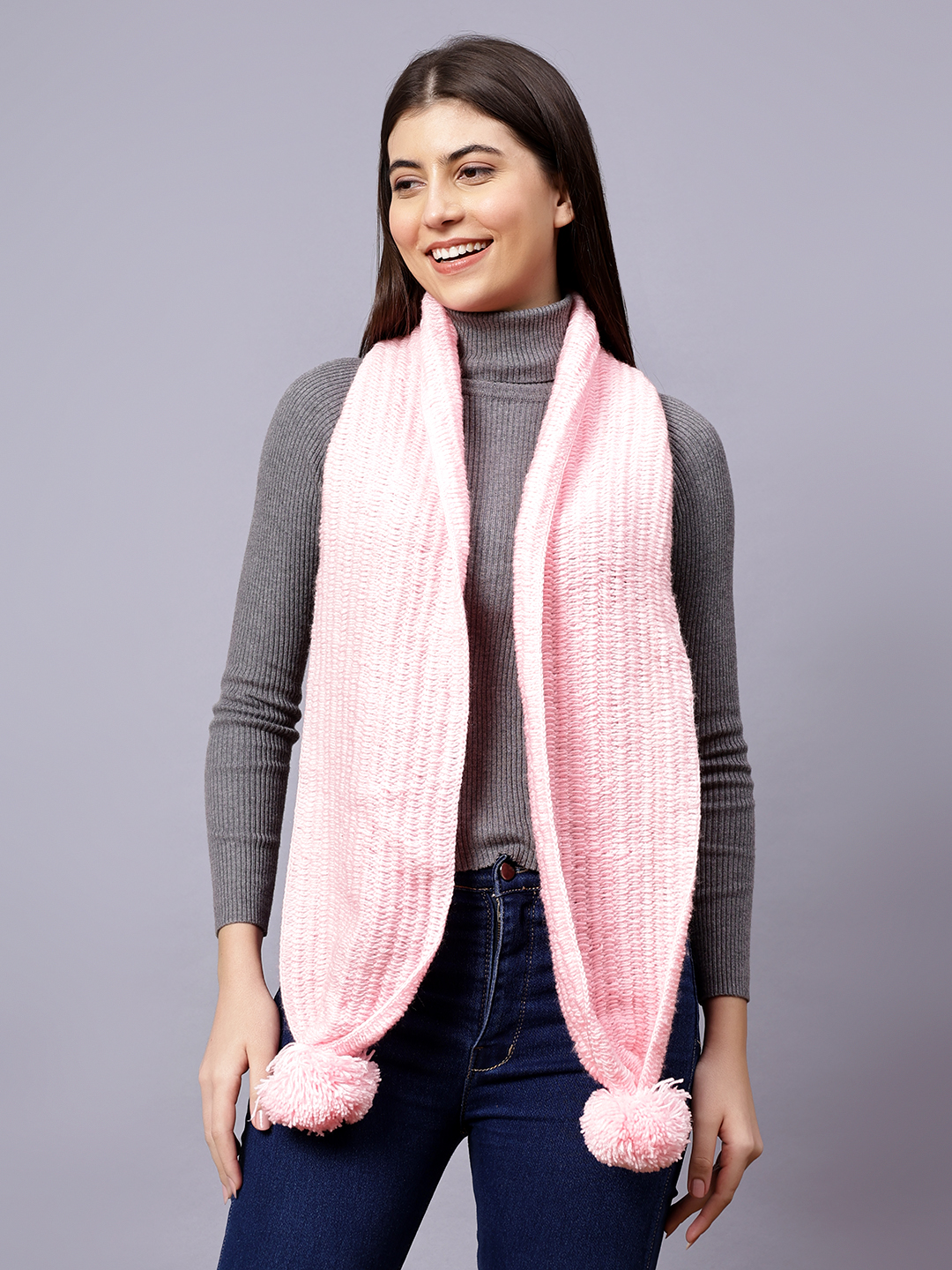 Velvery Pink Pom-Pom Hand Knitted Women Muffler