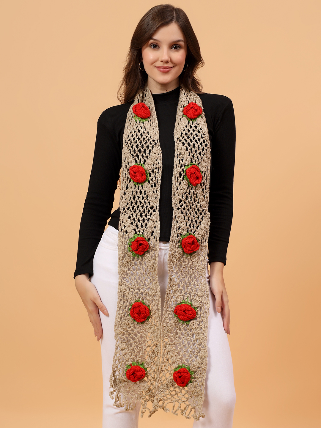 Velvery Rose Detailed Muffler - Beige